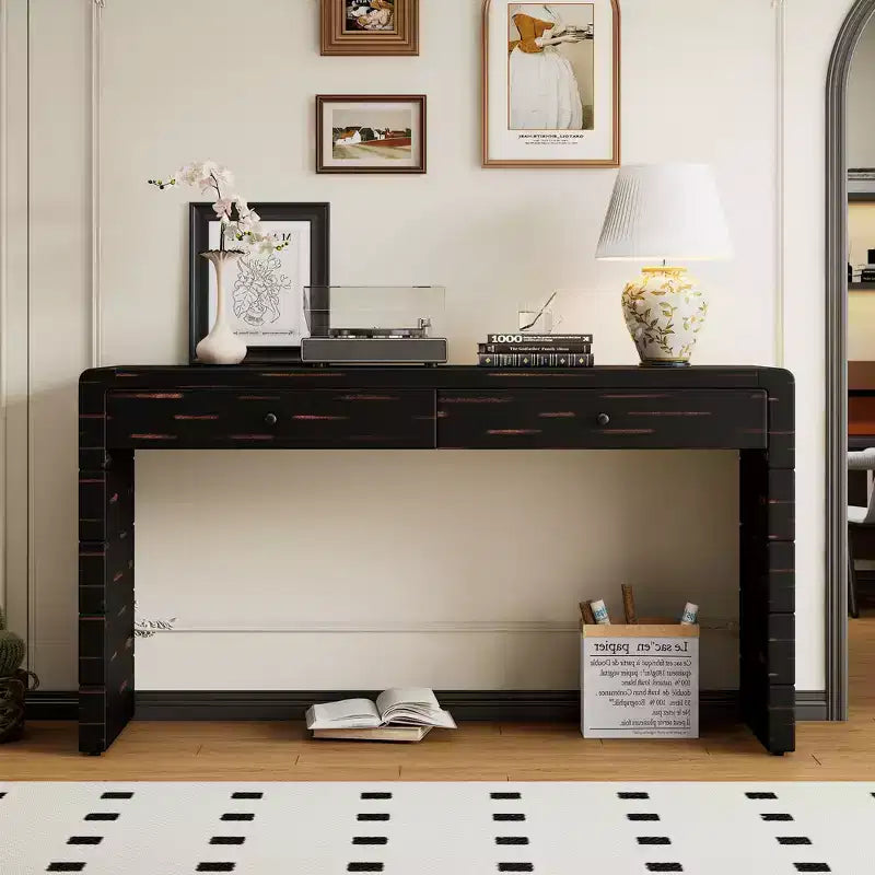MAYEERTY Curved Console Table with Storage 2 Drawers Rustic Console Tables for Entryway Hallway Black