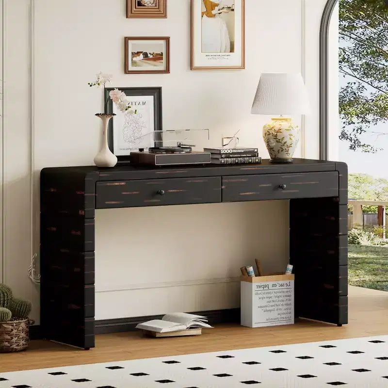 MAYEERTY Curved Console Table with Storage 2 Drawers Rustic Console Tables for Entryway Hallway Black