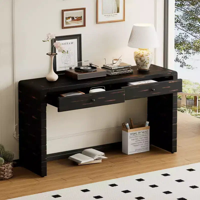 MAYEERTY Curved Console Table with Storage 2 Drawers Rustic Console Tables for Entryway Hallway Black