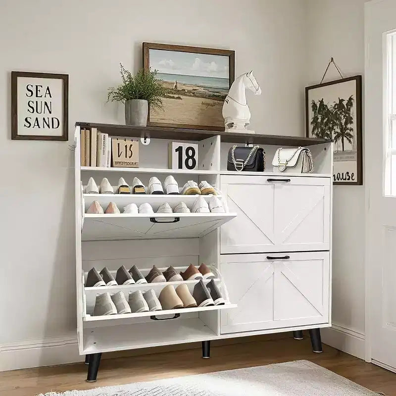 Shoe Cabinet with 4 Flip Drawers, Slim Freestanding Shoe Organizer with Metal Legs, Narrow Entryway Storage Cabinet, White