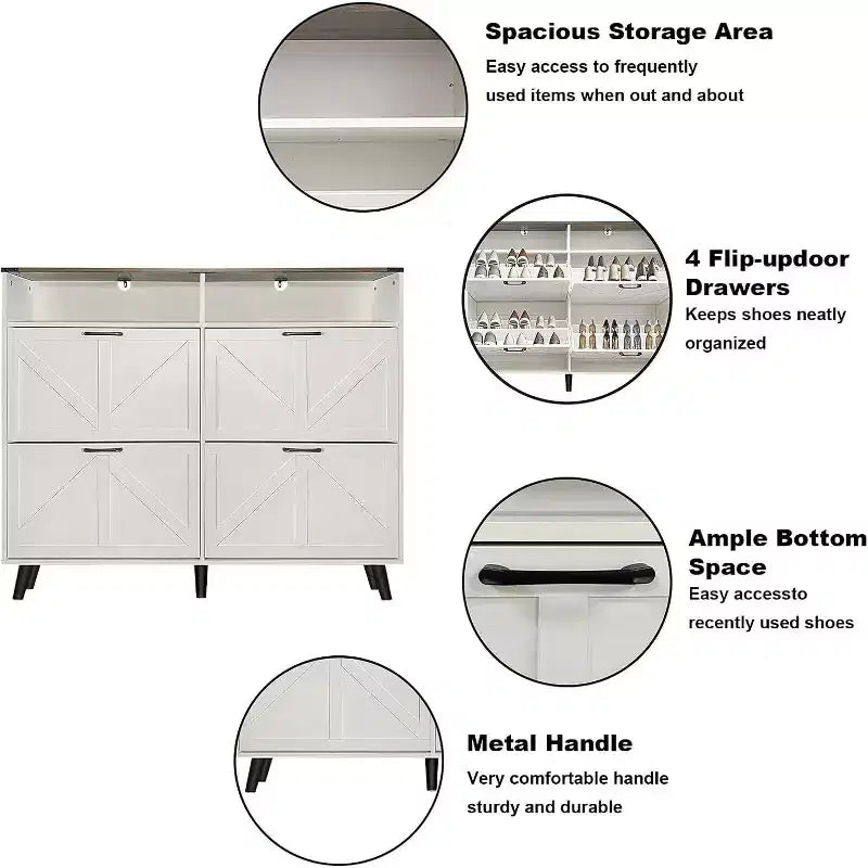 Shoe Cabinet with 4 Flip Drawers, Slim Freestanding Shoe Organizer with Metal Legs, Narrow Entryway Storage Cabinet, White
