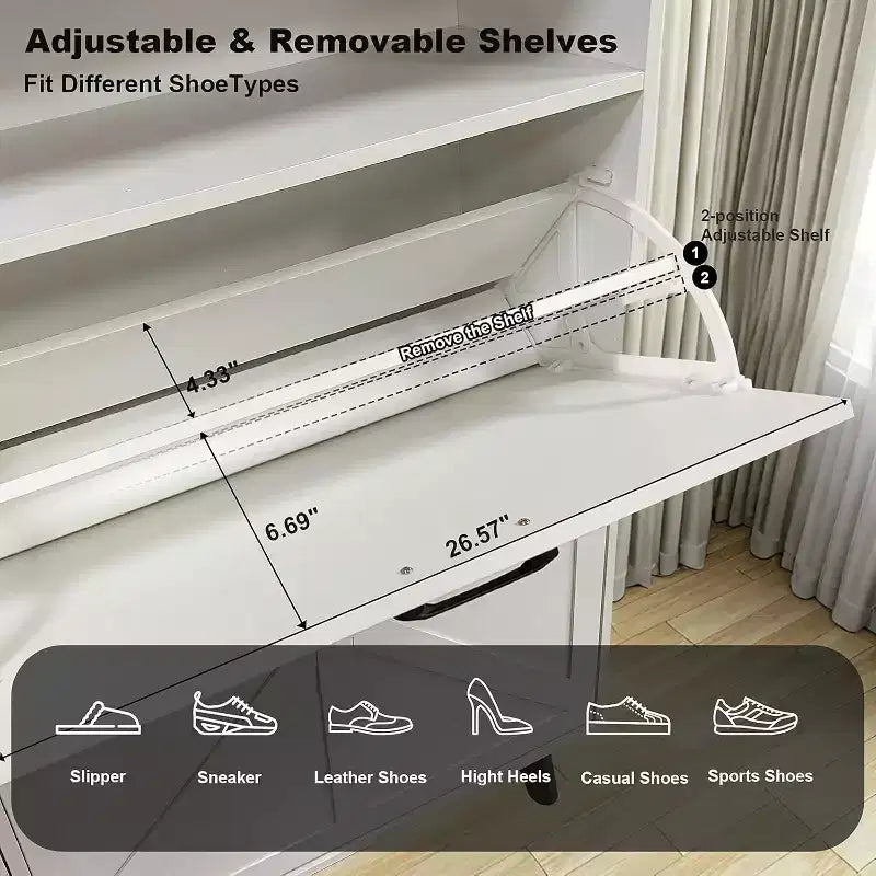 Shoe Cabinet with 4 Flip Drawers, Slim Freestanding Shoe Organizer with Metal Legs, Narrow Entryway Storage Cabinet, White
