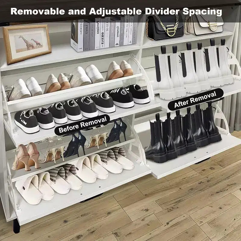 Shoe Cabinet with 4 Flip Drawers, Slim Freestanding Shoe Organizer with Metal Legs, Narrow Entryway Storage Cabinet, White