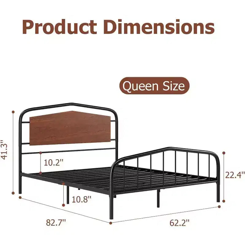Struttura Letto Queen Size, Piattaforma in Metallo Resistente, Testiera e Pediera in Legno, Ampio Spazio Contenitore Sotto il Letto, Silenzioso, Nessuna Rete a Molle Necessaria, Noce