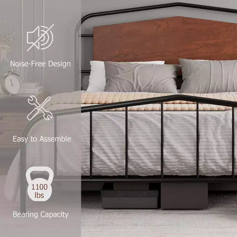 Struttura Letto Queen Size, Piattaforma in Metallo Resistente, Testiera e Pediera in Legno, Ampio Spazio Contenitore Sotto il Letto, Silenzioso, Nessuna Rete a Molle Necessaria, Noce