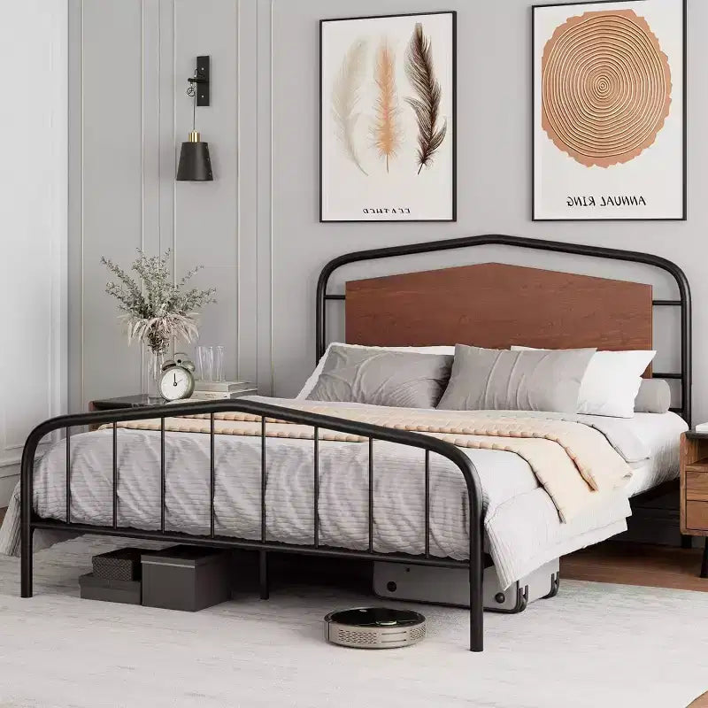 Struttura Letto Queen Size, Piattaforma in Metallo Resistente, Testiera e Pediera in Legno, Ampio Spazio Contenitore Sotto il Letto, Silenzioso, Nessuna Rete a Molle Necessaria, Noce