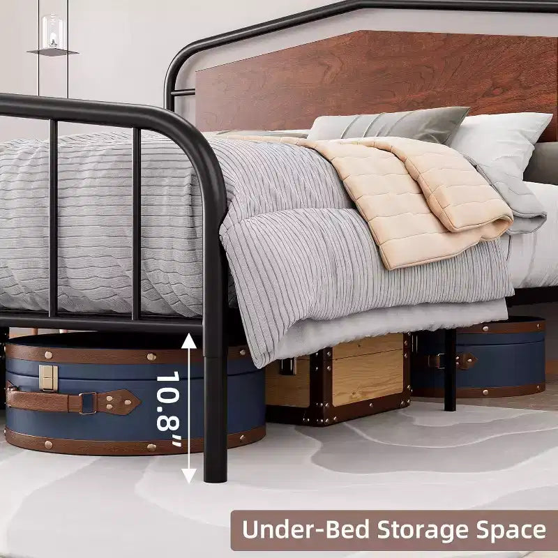 Struttura Letto Queen Size, Piattaforma in Metallo Resistente, Testiera e Pediera in Legno, Ampio Spazio Contenitore Sotto il Letto, Silenzioso, Nessuna Rete a Molle Necessaria, Noce