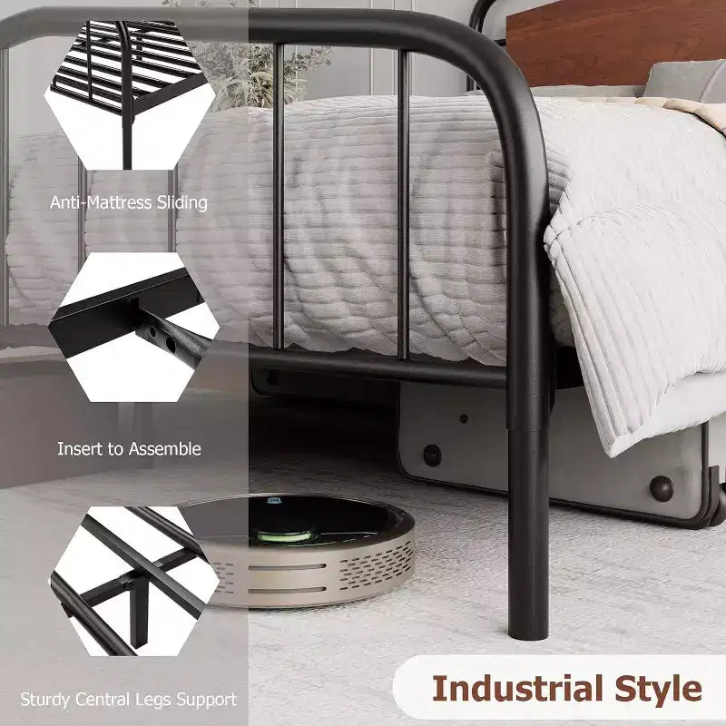 Struttura Letto Queen Size, Piattaforma in Metallo Resistente, Testiera e Pediera in Legno, Ampio Spazio Contenitore Sotto il Letto, Silenzioso, Nessuna Rete a Molle Necessaria, Noce
