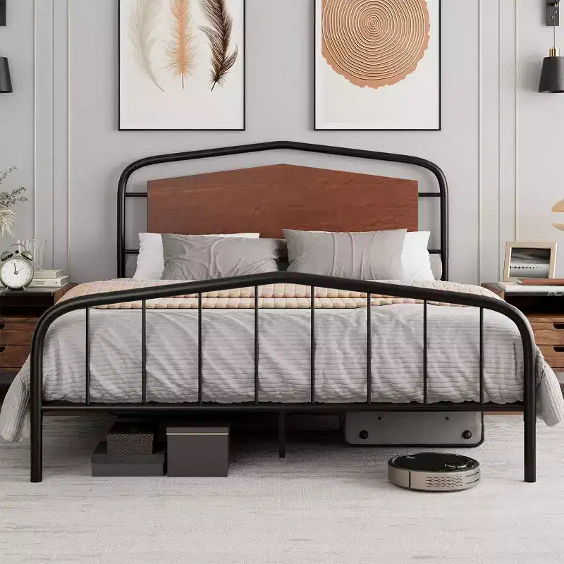 Struttura Letto Queen Size, Piattaforma in Metallo Resistente, Testiera e Pediera in Legno, Ampio Spazio Contenitore Sotto il Letto, Silenzioso, Nessuna Rete a Molle Necessaria, Noce