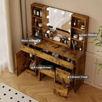 Farmhouse Makeup Vanity Table Set with Lighted Mirror,55.7 Modern Vanity Desk with Power Outlet&Storage Shelves,Dressing Table for Women & Girls