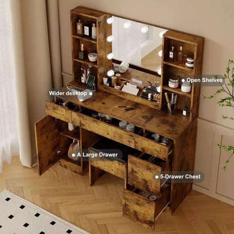 Farmhouse Makeup Vanity Table Set with Lighted Mirror,55.7 Modern Vanity Desk with Power Outlet&Storage Shelves,Dressing Table for Women & Girls