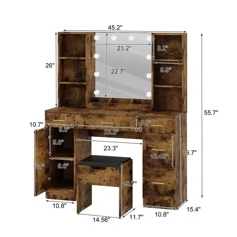 Farmhouse Makeup Vanity Table Set with Lighted Mirror,55.7 Modern Vanity Desk with Power Outlet&Storage Shelves,Dressing Table for Women & Girls