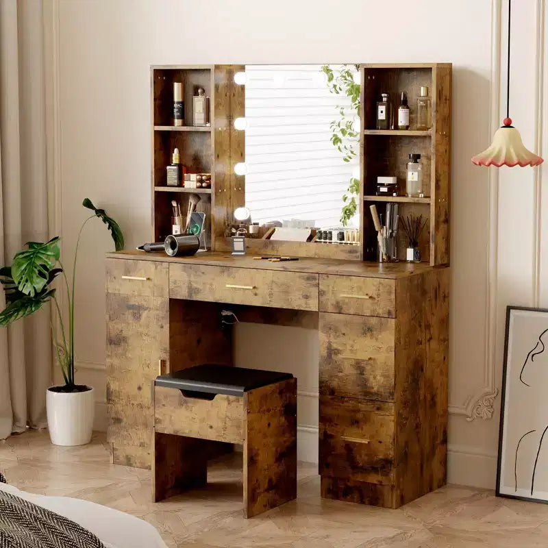 Farmhouse Makeup Vanity Table Set with Lighted Mirror,55.7 Modern Vanity Desk with Power Outlet&Storage Shelves,Dressing Table for Women & Girls