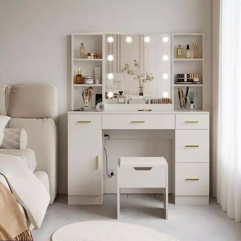 Farmhouse Makeup Vanity Table Set with Lighted Mirror,55.7 Modern Vanity Desk with Power Outlet&Storage Shelves,Dressing Table for Women & Girls