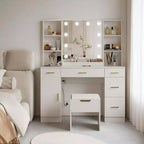 Farmhouse Makeup Vanity Table Set with Lighted Mirror,55.7 Modern Vanity Desk with Power Outlet&Storage Shelves,Dressing Table for Women & Girls