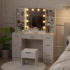 Farmhouse Makeup Vanity Table Set with Lighted Mirror,55.7 Modern Vanity Desk with Power Outlet&Storage Shelves,Dressing Table for Women & Girls