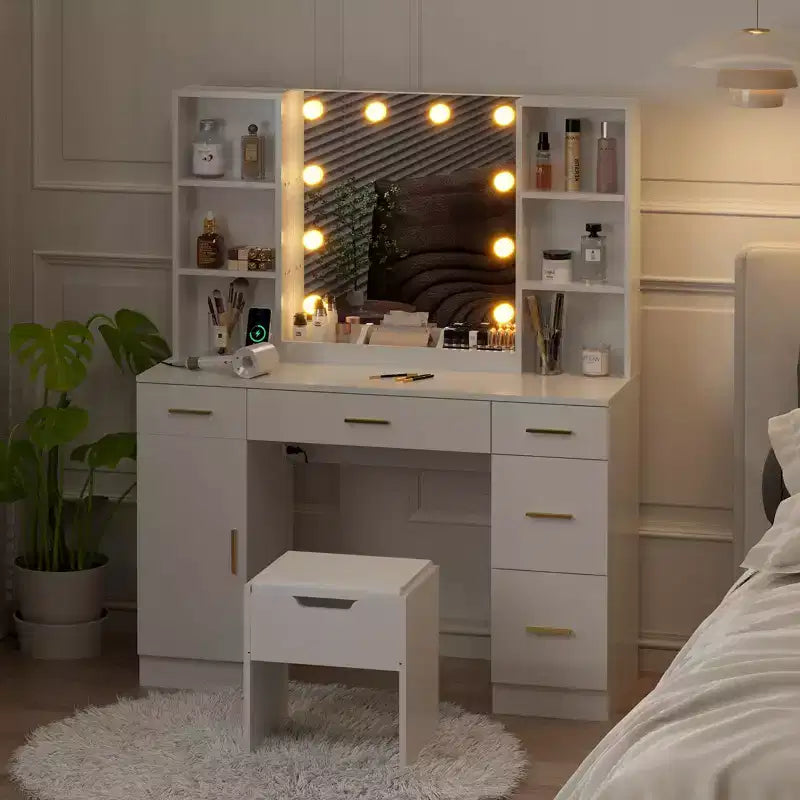 Farmhouse Makeup Vanity Table Set with Lighted Mirror,55.7 Modern Vanity Desk with Power Outlet&Storage Shelves,Dressing Table for Women & Girls
