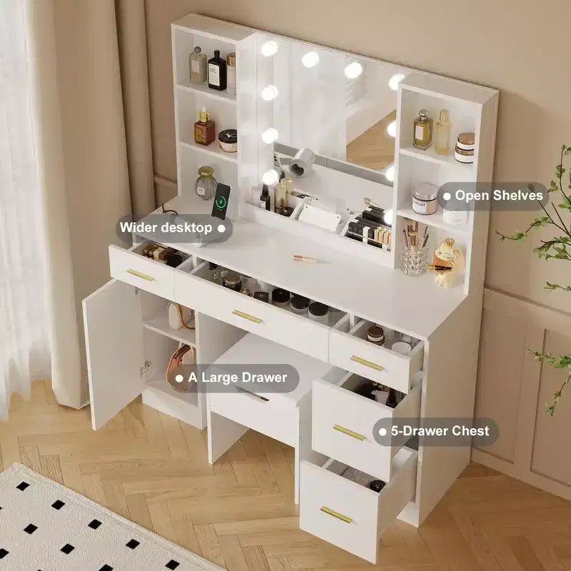 Farmhouse Makeup Vanity Table Set with Lighted Mirror,55.7 Modern Vanity Desk with Power Outlet&Storage Shelves,Dressing Table for Women & Girls