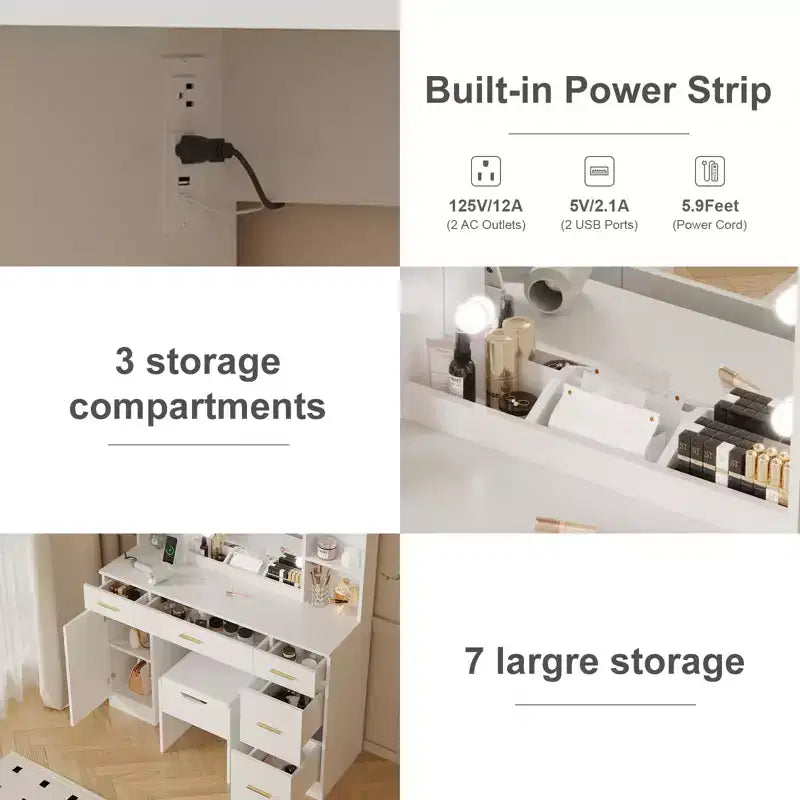 Farmhouse Makeup Vanity Table Set with Lighted Mirror,55.7 Modern Vanity Desk with Power Outlet&Storage Shelves,Dressing Table for Women & Girls