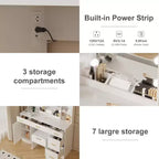 Farmhouse Makeup Vanity Table Set with Lighted Mirror,55.7 Modern Vanity Desk with Power Outlet&Storage Shelves,Dressing Table for Women & Girls
