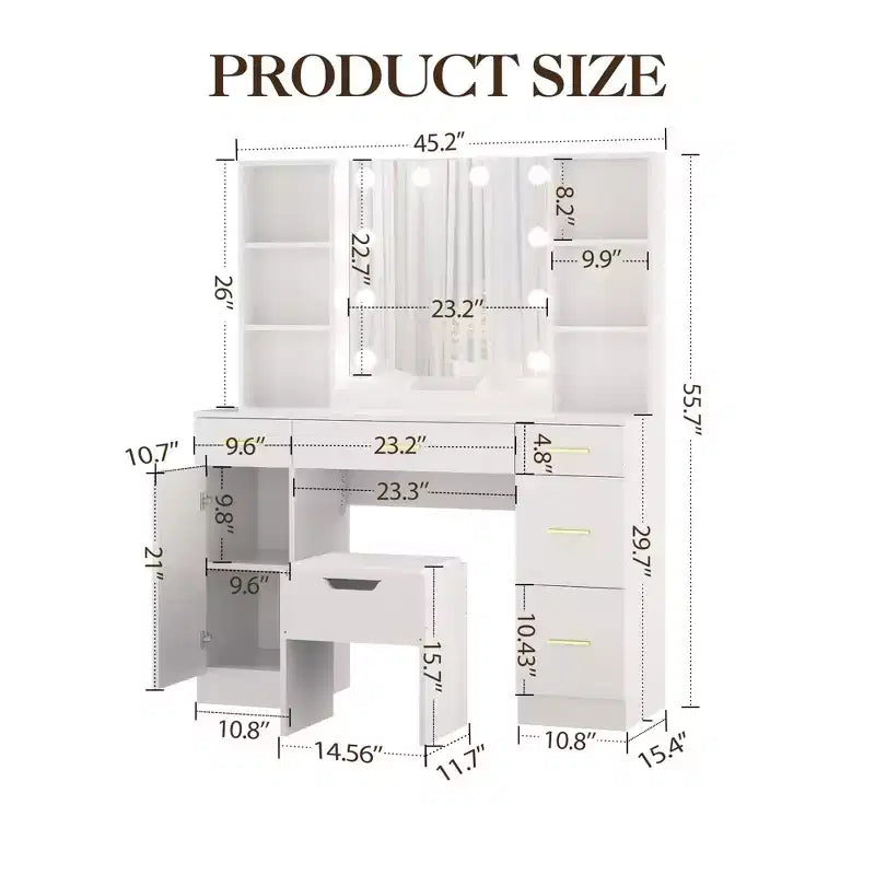 Farmhouse Makeup Vanity Table Set with Lighted Mirror,55.7 Modern Vanity Desk with Power Outlet&Storage Shelves,Dressing Table for Women & Girls