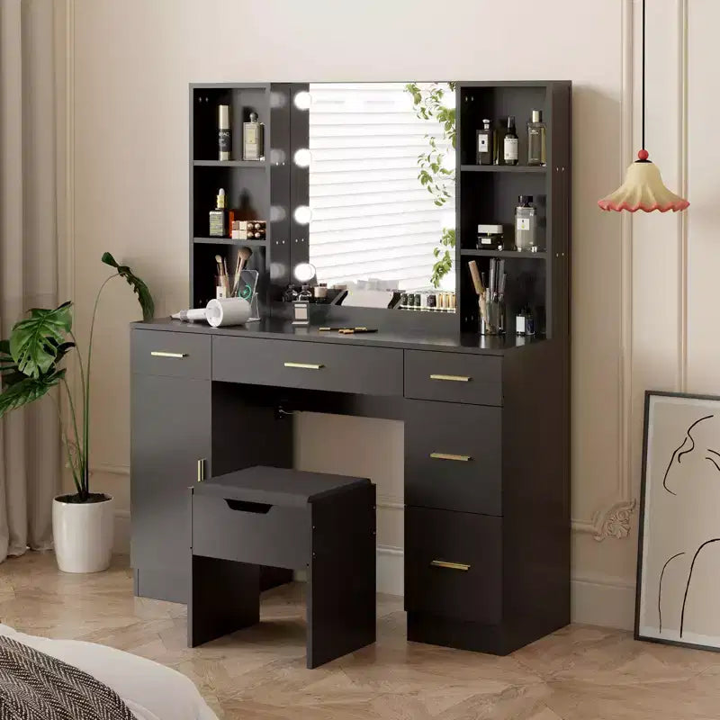 Farmhouse Makeup Vanity Table Set with Lighted Mirror,55.7 Modern Vanity Desk with Power Outlet&Storage Shelves,Dressing Table for Women & Girls