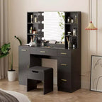 Farmhouse Makeup Vanity Table Set with Lighted Mirror,55.7 Modern Vanity Desk with Power Outlet&Storage Shelves,Dressing Table for Women & Girls