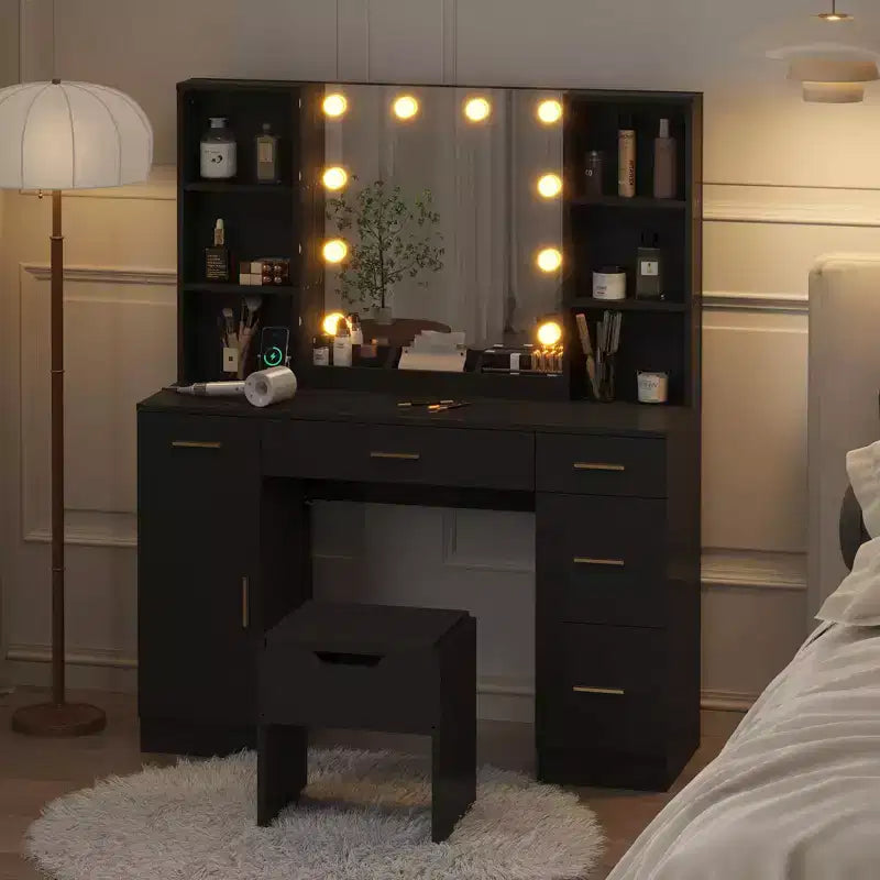 Farmhouse Makeup Vanity Table Set with Lighted Mirror,55.7 Modern Vanity Desk with Power Outlet&Storage Shelves,Dressing Table for Women & Girls