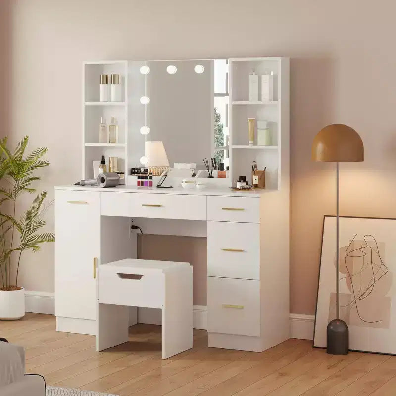 Set Tavolo da Trucco Rustico con Specchio Illuminato, Tavolo da Trucco Moderno da 55,7" con Presa di Corrente e Ripiani Contenitori, Toeletta per Donne e Ragazze