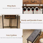 Dining Table Set for 4, Dining Room Table with Storage Drawers & Wine Rack, Kitchen Dining Table Set with Upholstered Benches for Dining Room-Grey