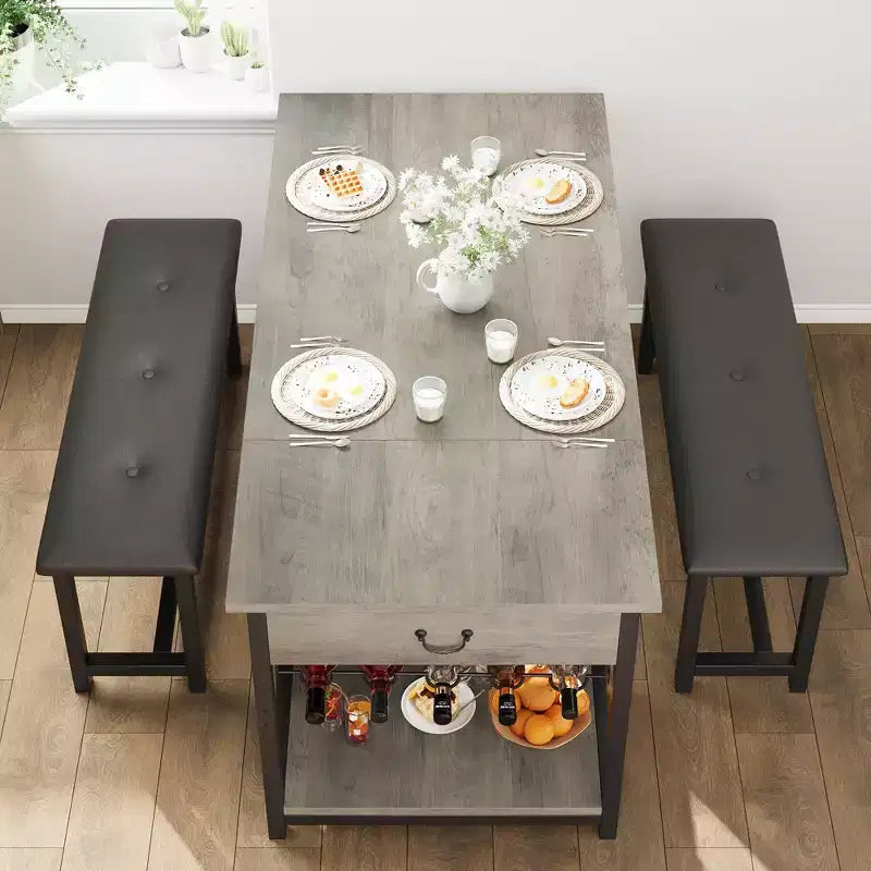 Dining Table Set for 4, Dining Room Table with Storage Drawers & Wine Rack, Kitchen Dining Table Set with Upholstered Benches for Dining Room-Grey