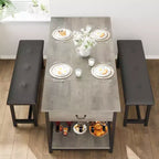 Dining Table Set for 4, Dining Room Table with Storage Drawers & Wine Rack, Kitchen Dining Table Set with Upholstered Benches for Dining Room-Grey