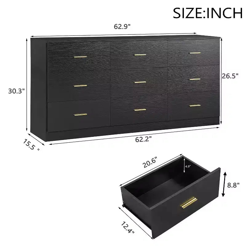 Okak Modern Minimalism 8/9-Drawer Dresser with Golden Handles, Sturdy Ample Storage for Bedroom Living Room
