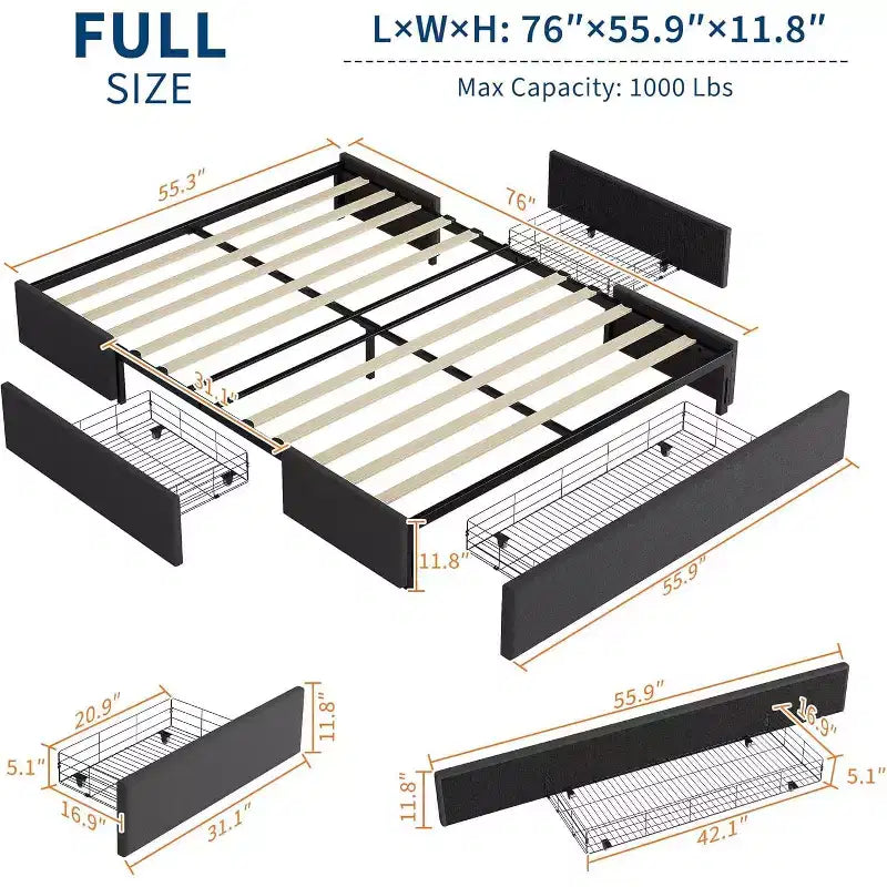 Queen Platform Bed Frame with 3 Storage Drawers  Low Profile, Slatted Base, No Box Spring, Gray