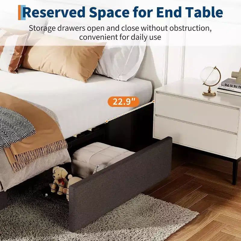 Queen Platform Bed Frame with 3 Storage Drawers  Low Profile, Slatted Base, No Box Spring, Gray
