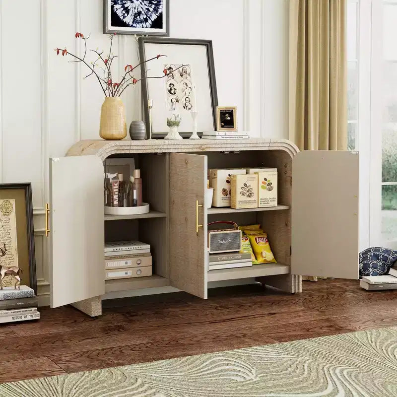 MAYEERTY Retro Curved Sideboard with Gold Handles Adjustable Divides for Living Room Dining Room Natural