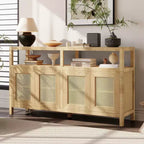 MAYEERTY Credenza a buffet in rattan con struttura in legno massiccio, ripiani regolabili in 3 posizioni per soggiorni, naturale