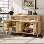 MAYEERTY Credenza a buffet in rattan con struttura in legno massiccio, ripiani regolabili in 3 posizioni per soggiorni, naturale