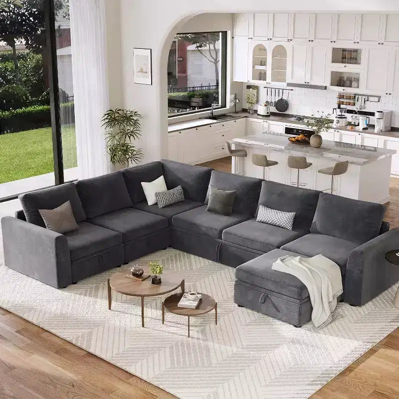 Acekool U-Shaped Chenille Sectional Sofa, Gray | Pull-Out Bed, 6-Piece Set with Ottoman & Hidden Storage | 44 Seat Depth