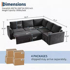 Acekool U-Shaped Chenille Sectional Sofa, Gray | Pull-Out Bed, 6-Piece Set with Ottoman & Hidden Storage | 44 Seat Depth