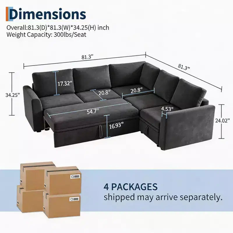 Acekool U-Shaped Chenille Sectional Sofa, Gray | Pull-Out Bed, 6-Piece Set with Ottoman & Hidden Storage | 44 Seat Depth