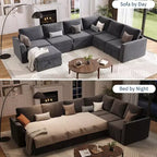 Acekool U-Shaped Chenille Sectional Sofa, Gray | Pull-Out Bed, 6-Piece Set with Ottoman & Hidden Storage | 44 Seat Depth