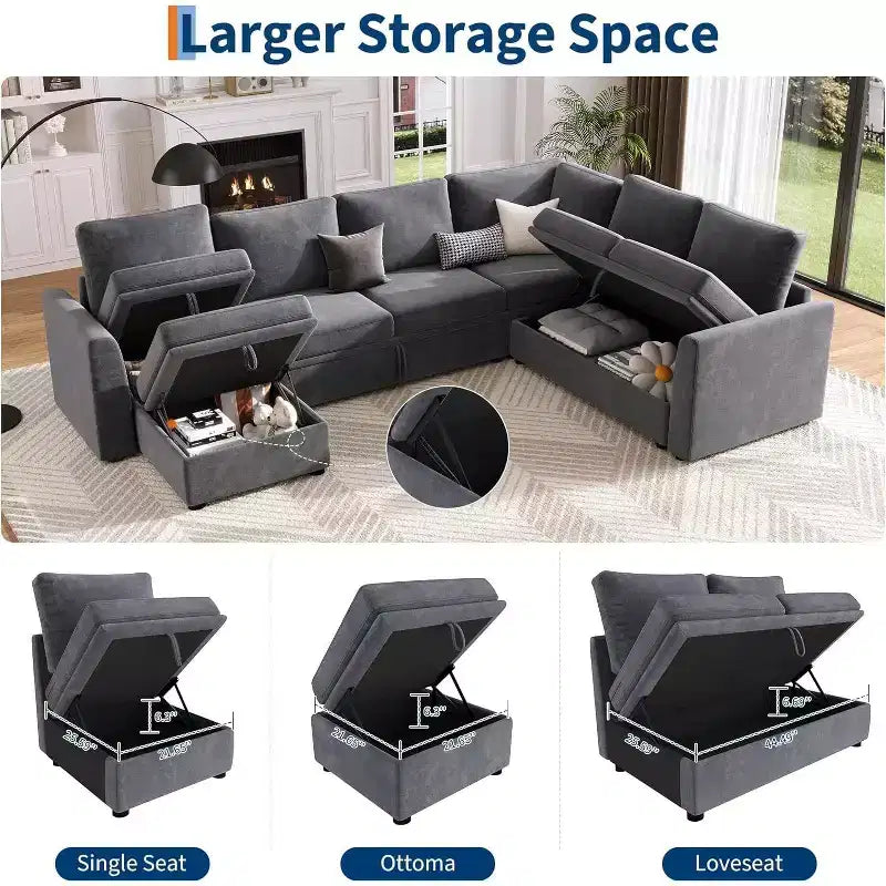 Acekool U-Shaped Chenille Sectional Sofa, Gray | Pull-Out Bed, 6-Piece Set with Ottoman & Hidden Storage | 44 Seat Depth