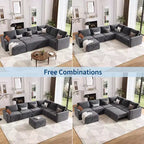 Acekool U-Shaped Chenille Sectional Sofa, Gray | Pull-Out Bed, 6-Piece Set with Ottoman & Hidden Storage | 44 Seat Depth