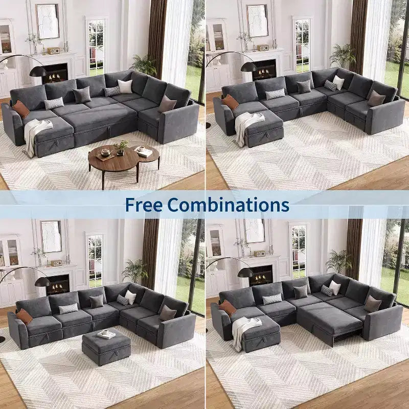 Acekool U-Shaped Chenille Sectional Sofa, Gray | Pull-Out Bed, 6-Piece Set with Ottoman & Hidden Storage | 44 Seat Depth