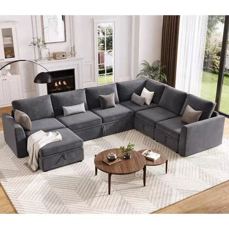 Acekool U-Shaped Chenille Sectional Sofa, Gray | Pull-Out Bed, 6-Piece Set with Ottoman & Hidden Storage | 44 Seat Depth