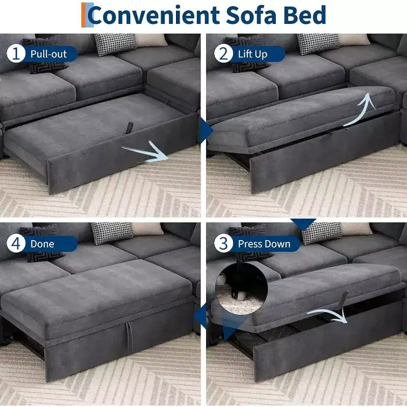 Acekool U-Shaped Chenille Sectional Sofa, Gray | Pull-Out Bed, 6-Piece Set with Ottoman & Hidden Storage | 44 Seat Depth
