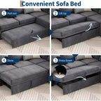 Acekool U-Shaped Chenille Sectional Sofa, Gray | Pull-Out Bed, 6-Piece Set with Ottoman & Hidden Storage | 44 Seat Depth