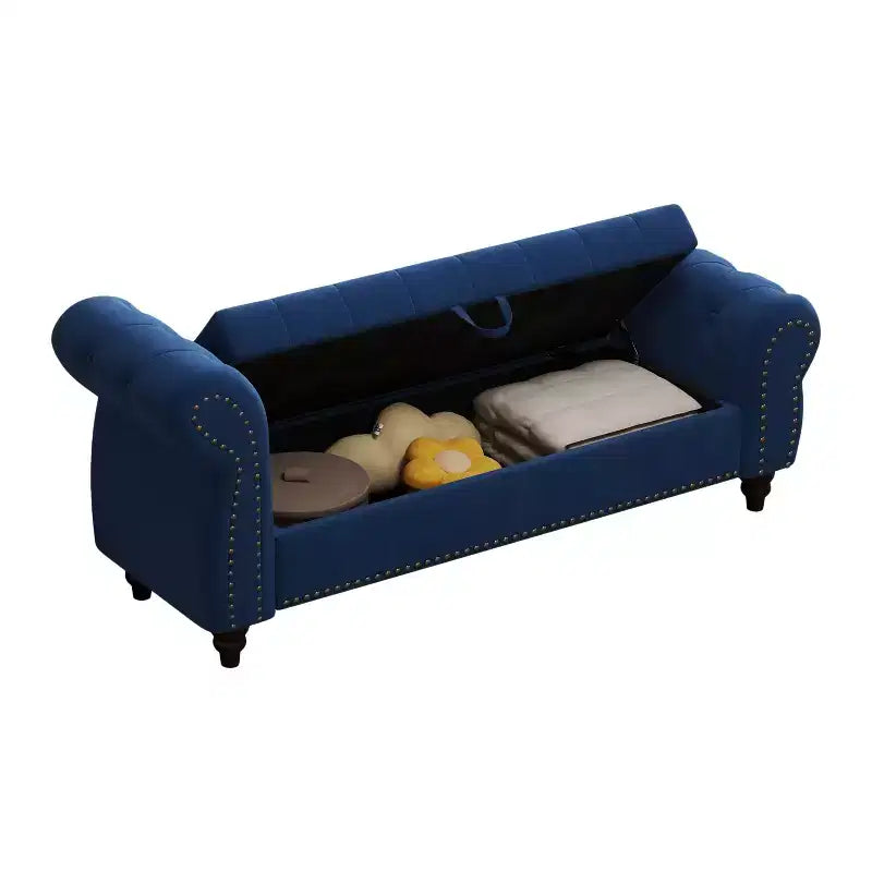 Panca da letto TUYOHW per camera da letto, chaise longue imbottita con bottoni e contenitore, blu navy