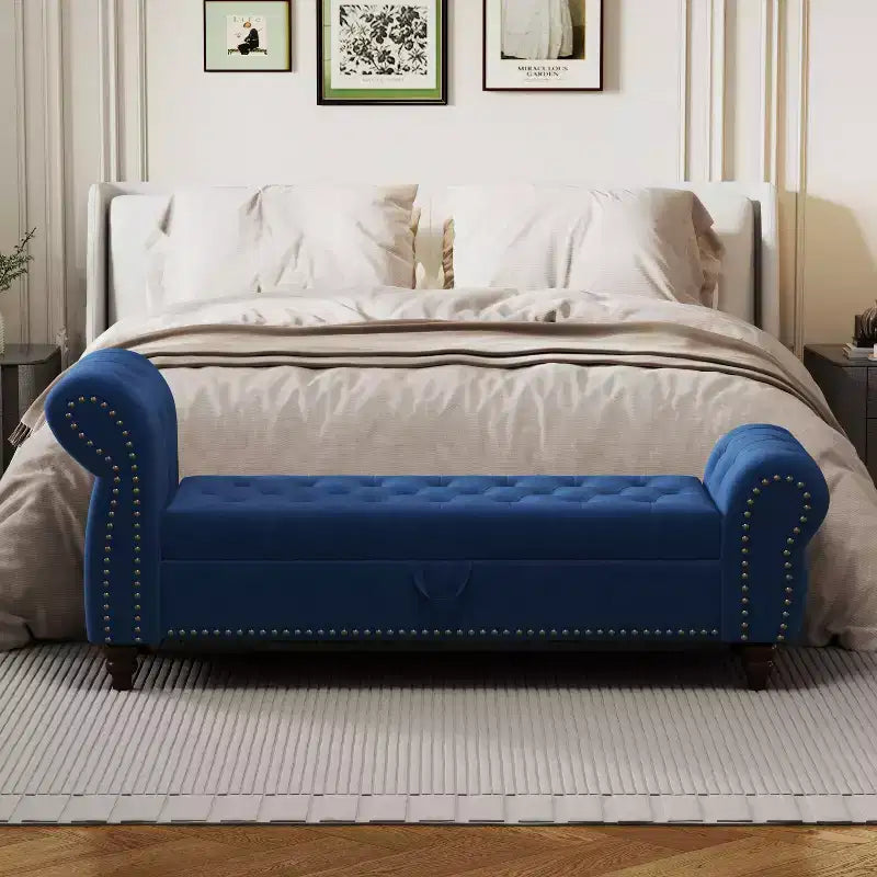 Panca da letto TUYOHW per camera da letto, chaise longue imbottita con bottoni e contenitore, blu navy